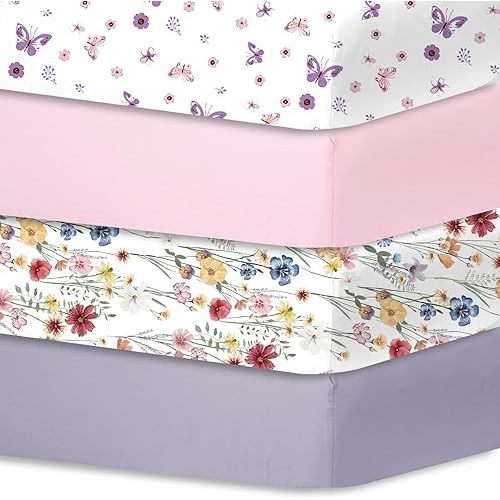 bimocosy Fitted Crib Sheets Girl Boy 4 Pack, Size 28"x 52" for Standard Crib and Toddler Mattresses, Super Soft Breathable Microfiber Baby Crib Mattress Sheet, Butterfly/Floral/Pink/Purple