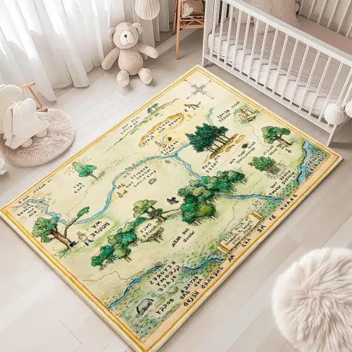 Estmy 5x7 Washable Nursery Rug, Cute Woodland Kids Play Rug for Girls Boys Neutral Soft Crawling Play Mat for Classroom Children Toddlers Bedroom Stain Resistant Easy to Clean, 100 Acre Wood Map Rug