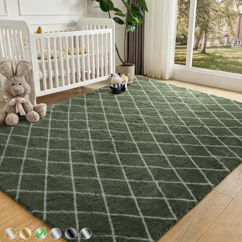 Cozydesg Shag Area Rug, 5'x7', Green and White, Soft Fluffy Carpet