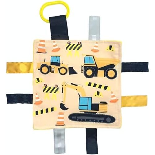 Baby Jack & Co 8x8” Construction Lovey Tag Toy for Babies - Baby Crinkle Toy - Soft & Safe - Learn Shapes & Colors - Ideal Baby Toy - BPA Free w/Stroller Clip