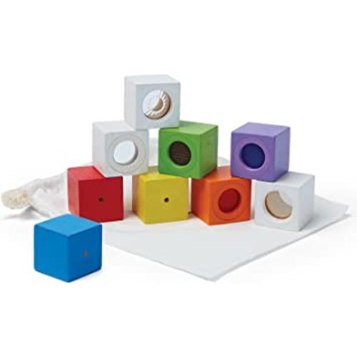 PlanToys Wooden 9 Piece Sensory Activity Blocks Learning & Development Toy (5531) | Sustainably Made from Rubberwood and Non-Toxic Paints and Dyes