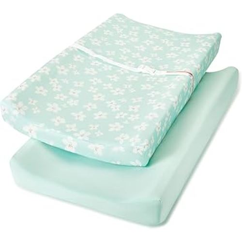 TILLYOU Changing Pad Cover Set in Soft Jersey Material - Fits 32"/34''x16 Contoured Pad for Babies, Fresh Flowers and Light Green