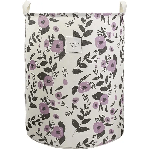 Mziart Collapsible Laundry Basket, Floral Printing Large Laundry Hamper for Baby Girls Kids Toys Clothes Organizer Foldable Storage Bin Waterproof Canvas Nursery Storage Basket with Handles (Purple)