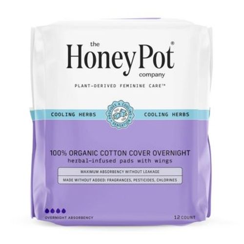 The Honey Pot Company Herbal Overnight Pads With Wings, Organic Cotton Cover - 12ct
