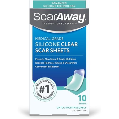 ScarAway Advanced Clear Silicone Scar Sheets, Medical Grade Silicone Strips (1.5" x 3") Scar Treatment and Prevention for Surgical, Burn, Body, Hypertrophic & Keloid Scar Treatment, 10 Clear Sheets