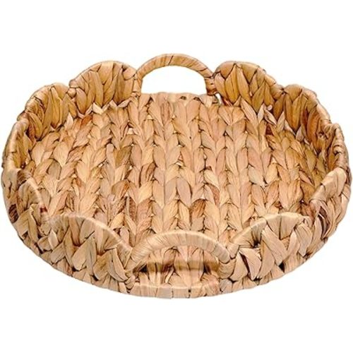 PINXIURY 13 Inch Scalloped Round serving Tray, Woven Coffee Table Tray, Rattan Basket, Basket tray With Build in Handles for Dinning room, Living Room, Kitchen, Natural Water Hyacinth Decorative Tray