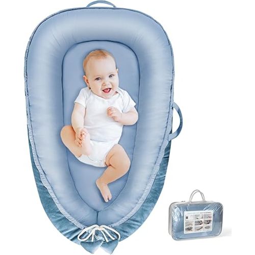 Baby Lounger - Baby Lounger for Newborn 0-24 Months, Breathable & Soft Cotton and Velvet Cover Baby Nest, Portable Cozy Infant Lounger for Home and Travel, Ideal Baby Essentials & Shower Gifts