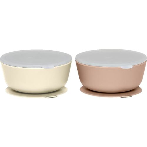 WeeSprout Suction Bowls for Baby & Toddlers (Set of 2) - 100% Silicone w/Plastic Lid - Leak Proof Feeding Supplies - Dishwasher & Microwave Safe Infant Dinnerware w/Extra Strong Base - Muted Tan + Muted Off White