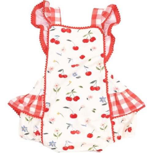 Ric-Rac Ruffle Sunsuit, Watercolor Cherries