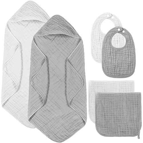 Hahafelt 6 Pcs Baby Hooded Towels Washcloths and Bibs Set Muslin Cotton Soft Absorbent Baby Bath Towels for Boys Girls Newborn Infant Essentials(White, Light Gray)