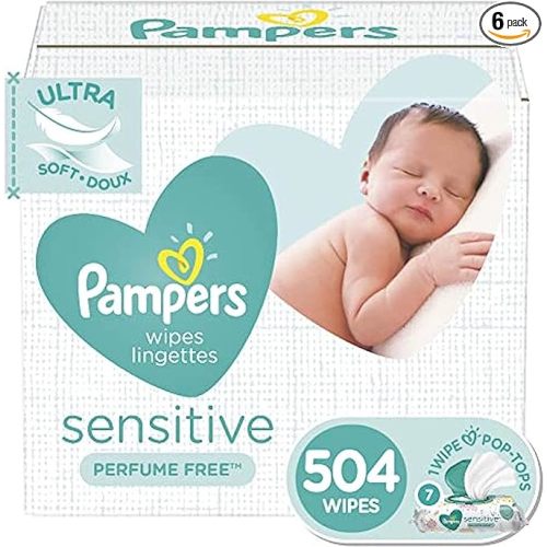 Pampers Sensitive Baby Wipes - 504 Count, Water Based, Hypoallergenic and Unscented (Packaging May Vary) - 84 Count (Pack of 6)