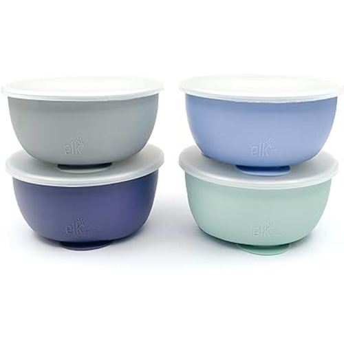 Elk and Friends Stainless Steel Bowls with Silicone Sleeve for Babies & Toddlers | Lids Included | Stay Put Suction | Cereal & Snack Bowls | 3 Pack…