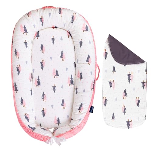 Baby Lounger - Infant & Newborn Lounger with 2-Inch Mattress Pad, Soft Baby Lounger Cover, Waterproof Urine Liner & Pad Cover - Available in 15 Patterns - BL07 Cotton Pink Forest Pines