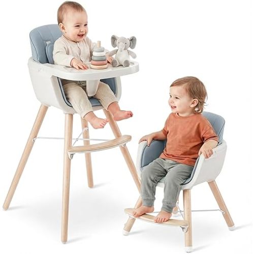 Mallify 3-in-1 Wooden High Chair, Convertible High Chairs for Babies and Toddlers, Baby Highchair with Adjustable Legs & Dishwasher-Safe Tray, Sleek Hardwood & Premium PU Cushion, Blue