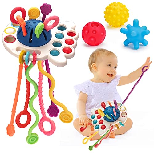Baby Sensory Montessori Toys for 6-12-18 Months Sensory Balls Pull String Toys for Babies 0-6 Months Teething Developmental Travel Toy for 1 Year Old Boy Girl Birthday Gift 6-9-12 Month Old Infant Toy