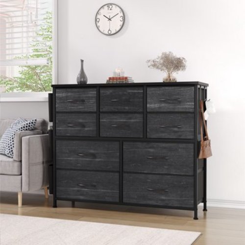 Homhougo Dresser for Bedroom with 10 Fabric Drawers, Chests of Drawers with Wood Top, Organizer Storage Cabinet with Side Pockets & Hooks for Entryway, Hallway, Closet, Nursery, Grey
