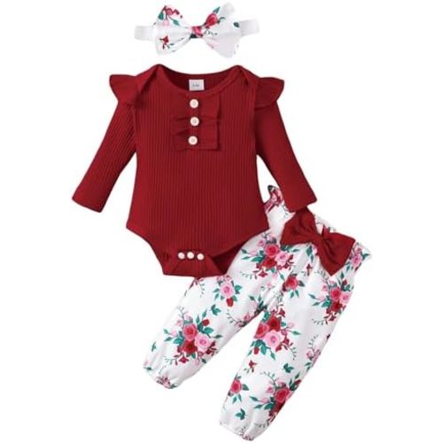 Baby Girl Clothes Newborn Infant Long Sleeve Ruffle Romper Floral Pants Outfit Set for 0-18 Months