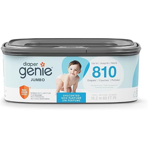 Diaper Genie Jumbo Square Refill, with Continuous Film, can Hold up to 810 Newborn-Sized Diapers per Refill.