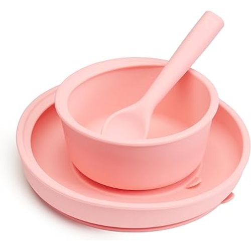 Munchkin Silicone Baby Feeding Set, Toddler Suction Bowl, Plate and Spoon, Baby Led Weaning and Infant Self Feeding, C’est Silicone! Mealtime Set, 4 Months and Up, BPA Free, Coral