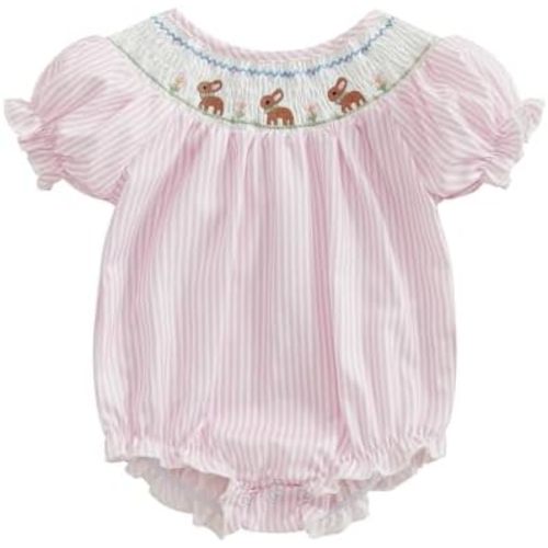 Baby Girl Easter Outfit Bunny Stripe Print Short Sleeve Smocked Bubble Romper Infant Bodysuit Newborn Summer Clothes