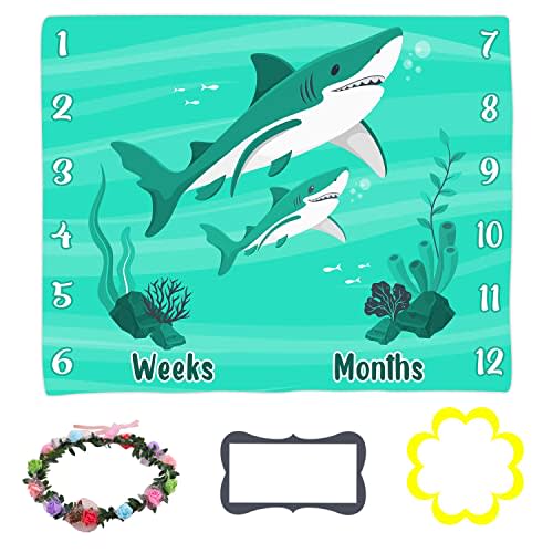 LYLYCTY Baby Monthly Milestone Blanket, Green Ocean Shark Animal Baby Growth Chart Blanket Baby Age Blanket, 48x40 Inch Baby Shower Photo Backdrop Baby Receiving Blanket BTLSLY403