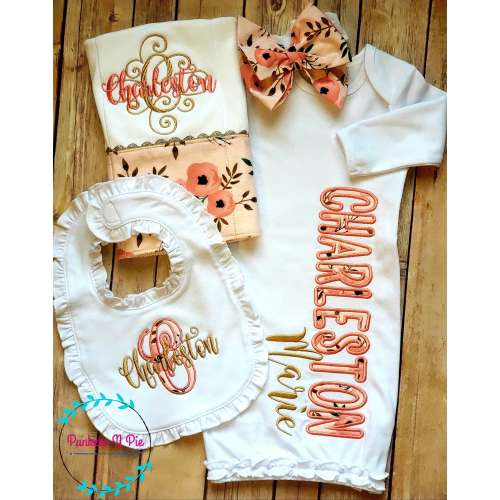 Boho Blush gift set for baby girl - Gown with name, monogrammed bib/burp, bow headband or hat- peach and gold - personalized