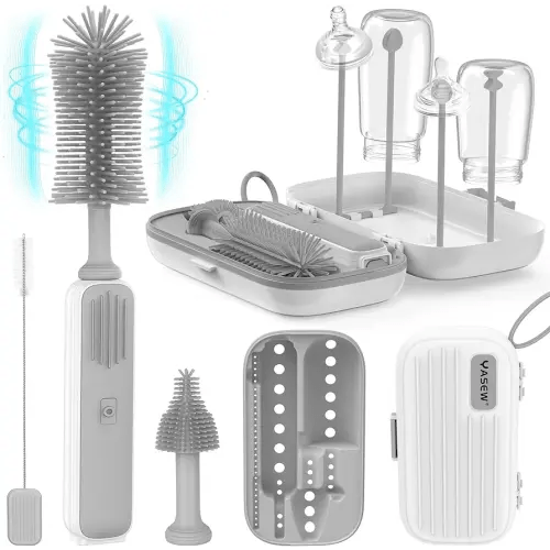 Electric Bottle Brush Cleaner, Baby Bottle Brush Travel Set, 360° Efficient Cleaning, 2000 mAh Battery, Travel Bottle Brush Set with Drainage Rack and Storage Box, Baby Travel Essential Grey