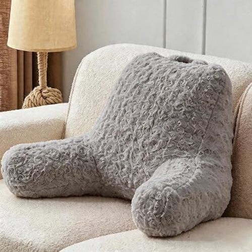 Reading Pillow, Rose Velvet Back Pillow with Arms for Bed Sitting Up, Soft Bed Pillow for Teenager Children, Backrest Pillows with Washable Cover, Chair Pillow for Watching TV/Gaming/Relaxing (Gray)