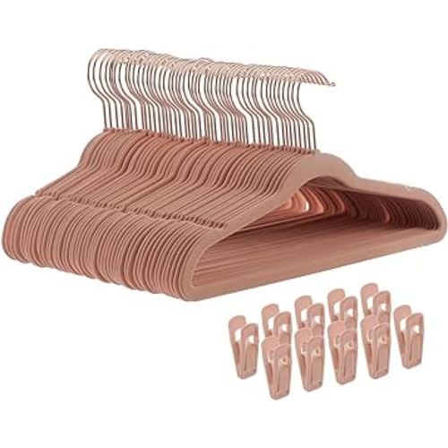 Kids Velvet Hangers 50 Pack - 14" Inch Premium Children Hangers for Clothes - Non-Slip Baby Felt Hangers - Ultra Thin Cute Hangers for Toddler Youth Closet with 10 Hanger Clips, Pink