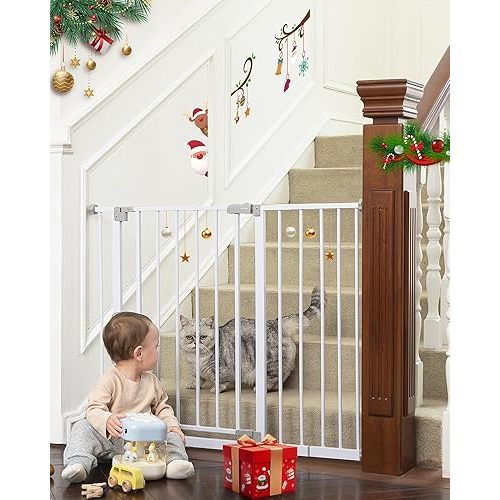 Mom's Choice Award-InnoTruth Baby Gate for Stairs 28.9-42.1" Wide, Dog Gate for Doorways Easy Step Walk Thro Expanded Dual Lock, Metal Pressure Mounted Easy Install Pet Gate for Dogs, White