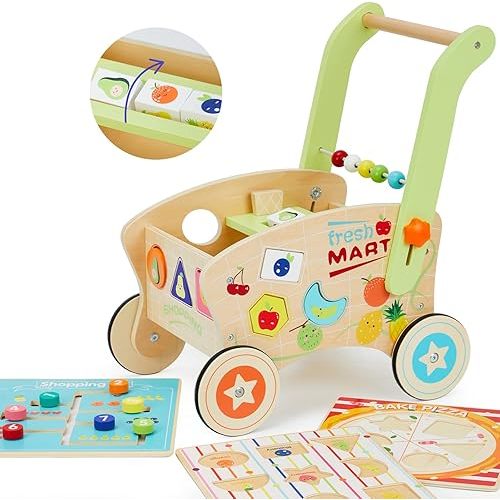 Wooden Baby Walker, Baby Push Walker for 1-3, Toddler Shopping Cart for Girl and Boy Shape Sorting Grocery Cart Push & Pull Toy Adjustable Height Kids Learning Walker Montessori Toys