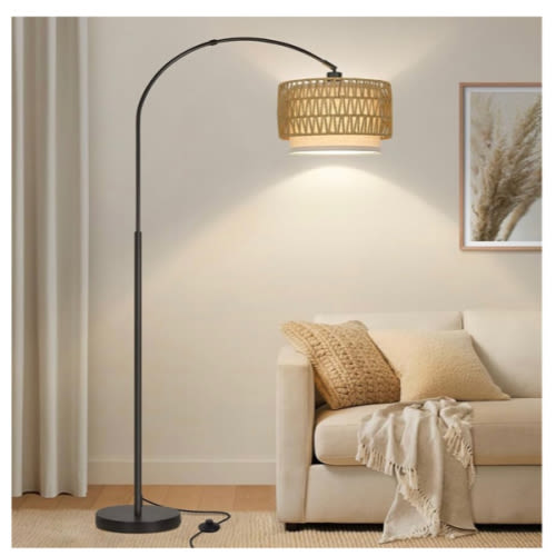 Rattan Floor Lamp, Arc Floor Lamps for Living Room, Farmhouse Standing Lamp with Adjustable Hanging Fabric Shade, Tall Pole Lamp with Foot Switch, Over Couch Arched Reading Light for Bedroom, Office