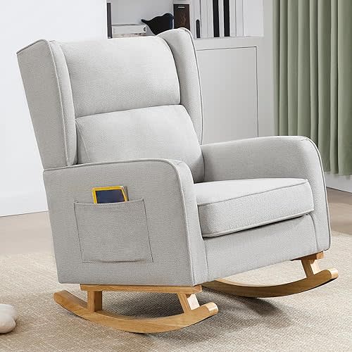 Nursery Rocking Chairs, Rocking Chair Nursery for Mom Nursery Rocker with High Backrest and Solid Wood Legs, Modern Wingback Accent Chair for Reading Living Room Bedroom, Light Grey
