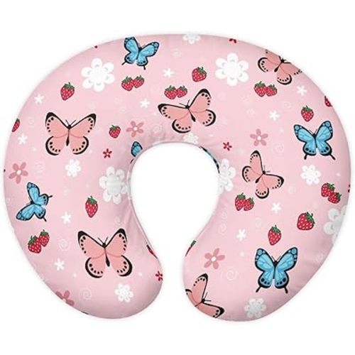 Butterfly Strawberry Print Nursing Pillow Cover for Infant Boy Girls Baby Breastfeeding Pillow Cover with Hidden Zipper, Neutral Nursing Pillow Slipcover, Soft and Breathable