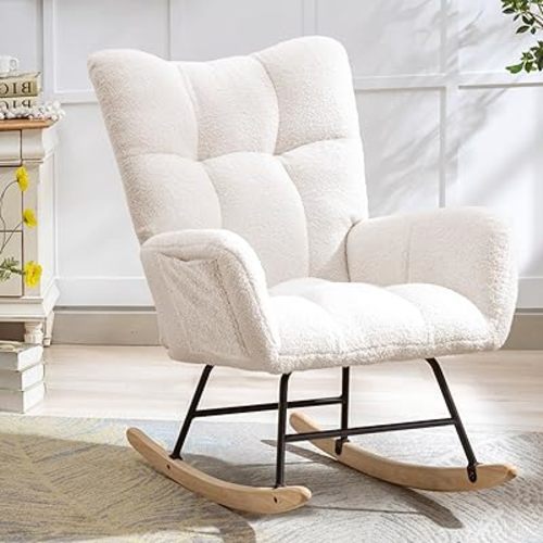 Phore Nursery Rocking Chair Teddy Upholstered Glider Rocker with High Backrest Armchair Comfy Side Modern Rocking Accent Chairs for Living Room, Nursery, Bedroom, Offices (Ivory White)