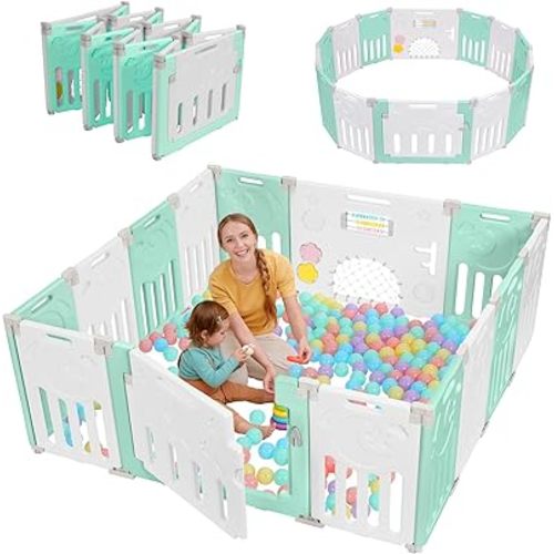 Baby Playpen, Dripex Baby Playard for Babies and Toddlers, 14-Panel Foldable Playpen Adjustable Portable Play Area, Indoor/Outdoor Kids Active Center with Game Panel & Safety Gate, Light Green White