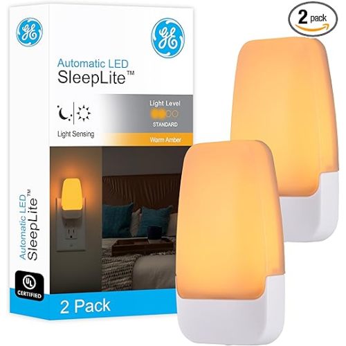 GE LED Night Light, Plug-in, Dusk to Dawn Sensor, Amber, Sleeplite, Sunset, Ambient Lighting, Ideal Nightlight for Kids Adults Bedroom, Bathroom, Nursery, Hallway, Kitchen, 76135, 2 Pack