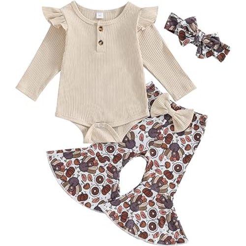 Kuriozud Newborn Baby Girl Bell Bottom Outfit Ruffle Romper Cute Bow Flare Pants Set Headband Cute Clothes