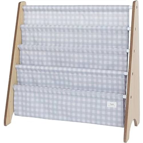 3 Sprouts Recycled Fabric Kids Bookshelf – Kids & Toddler Book Rack for Book Storage – Children's Bookcase Display for Nursery, Playroom or Kids Room in Gingham Blue Ages 3+