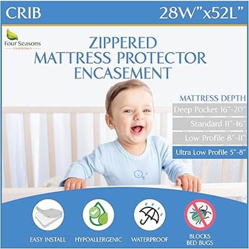 Crib Mattress Protector Waterproof - Zippered Encasement Cover for Baby, Toddler (Crib Size - 28x52x6) White