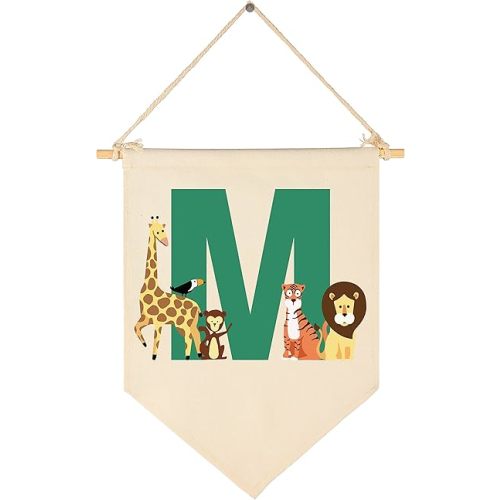 Personalised Woodland Animal Flag Decor Gifts for Baby Boy Girl Newborn Kids-Jungle Safari Pennant Banner Wall Sign Gifts for Nursery Baby Room Bedroom Playroom Front Door-Monogrammed Initial Letter M