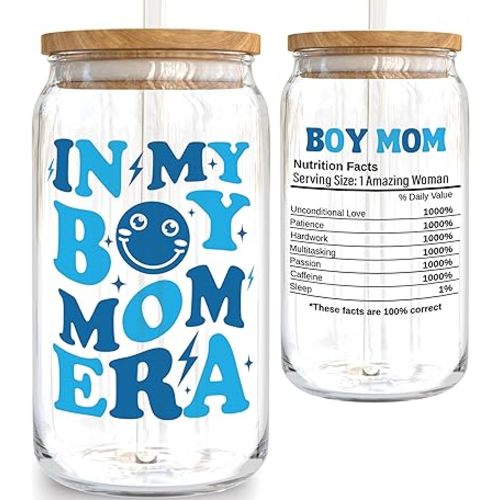 KLUBI Mothers Day Gifts for New Mom to Be - In My Boy Mom Era Cup 16oz Iced Coffee Glass with Lid and Straw - Baby Shower Boy Mum Gifts for Women, Mama Coffee Mug, Expecting Mother Pregnancy Present