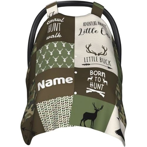 Personalized Hunting and Deer Baby Car Seat Canopy for Babies with Name, Custom Baby Car Seat Covers for Boys and Girls, Opening Minky Nursing Breastfeeding Cover Infant Carseat Canopies for Newborn