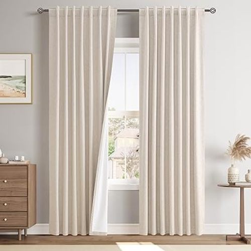Joywell Linen Oatmeal Full Blackout Curtains 84 Inch Long 2 Panels Set for Bedroom Living Room Nursery,Back Tab Rod Pocket Room Darkening Thermal Insulated Black Out Window Drapes,52x84 Inches