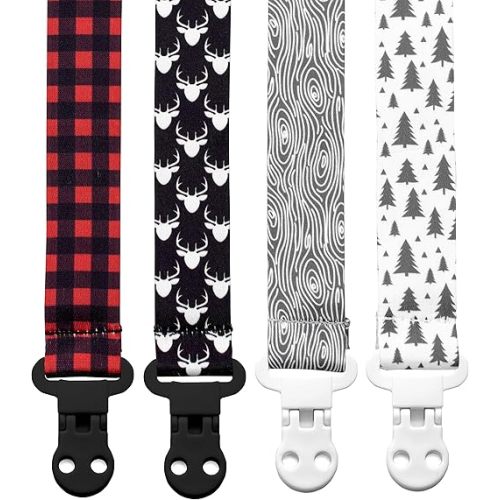 Baby Pacifier Clip Holder - Boy 4 Pack Gift Set – Plaid Deer Forest Woodland Trees Red Black Gray (Lumberjack)
