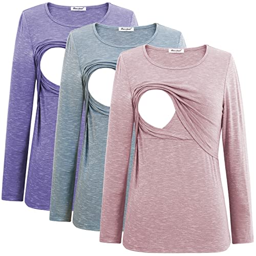 Bearsland Women's 3 Packs Maternity Clothes Long Sleeves Breastfeeding Shirts Nursing Top