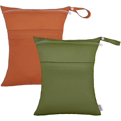 2pcs Cloth Diaper Wet Dry Bags Waterproof Reusable with Two Zippered Pockets Travel Beach Pool Daycare Soiled Baby Items Yoga Gym Bag for Swimsuits or Wet Clothes 2LM04