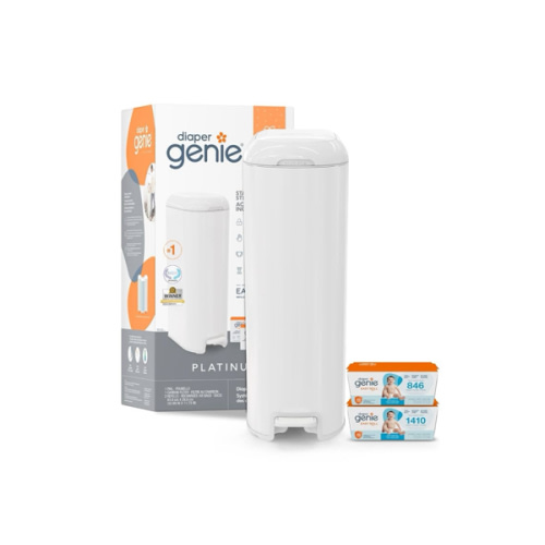 Diaper Genie Platinum Pail Gift Set, Lily White, Made of Durable Stainless Steel and Includes 2 Easy Roll Refills with 18 Bags and 30 Bags