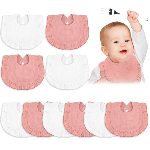 Seematn 10 Pcs Baby Muslin Bibs Drool Bibs Bandana Ruffle Soft Cotton for Newborn Baby Infants Girl Teething Toddlers Boy(Pink, White)