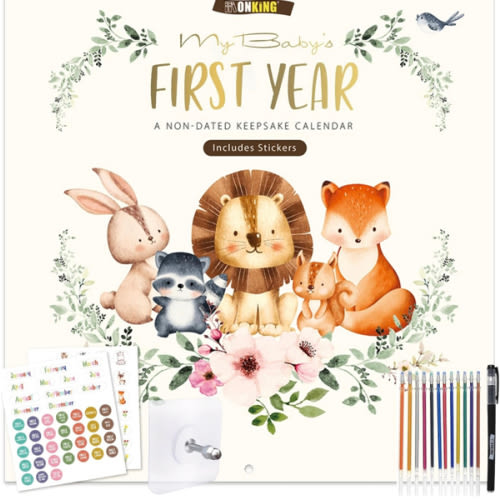 Baby's First Year Calendar with Stickers by Bright Day - 1st Year Tracker - Baby Memory Book to Document and Cherish Baby First Year Milestones,- Milestone Keepsake for Baby Boy with Pocket